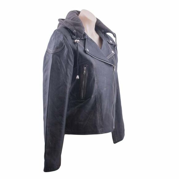 Distressed Biker Black Leather Jacket w/ Hoody Silver Studed Zippered Chrissie - Picture 5 of 8